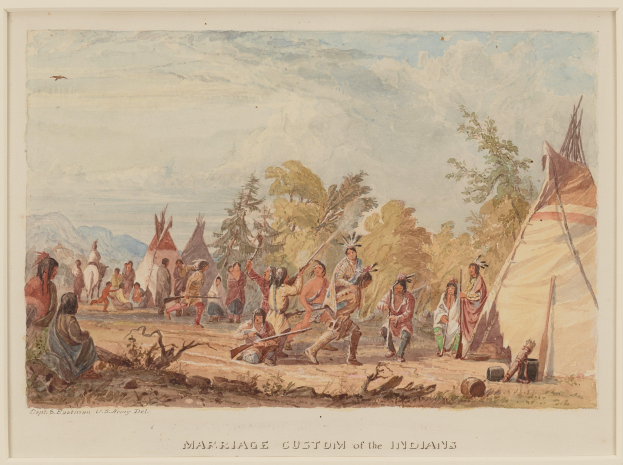 Gemälde, das eine Gruppe von Menschen in traditioneller Kleidung zeigt, die vor einem Zelt stehen, umgeben von Bäumen, Hügeln und einem bewölkten Himmel, begleitet von Text unten, der 'Heiratsbrauch der Indianer' lautet.