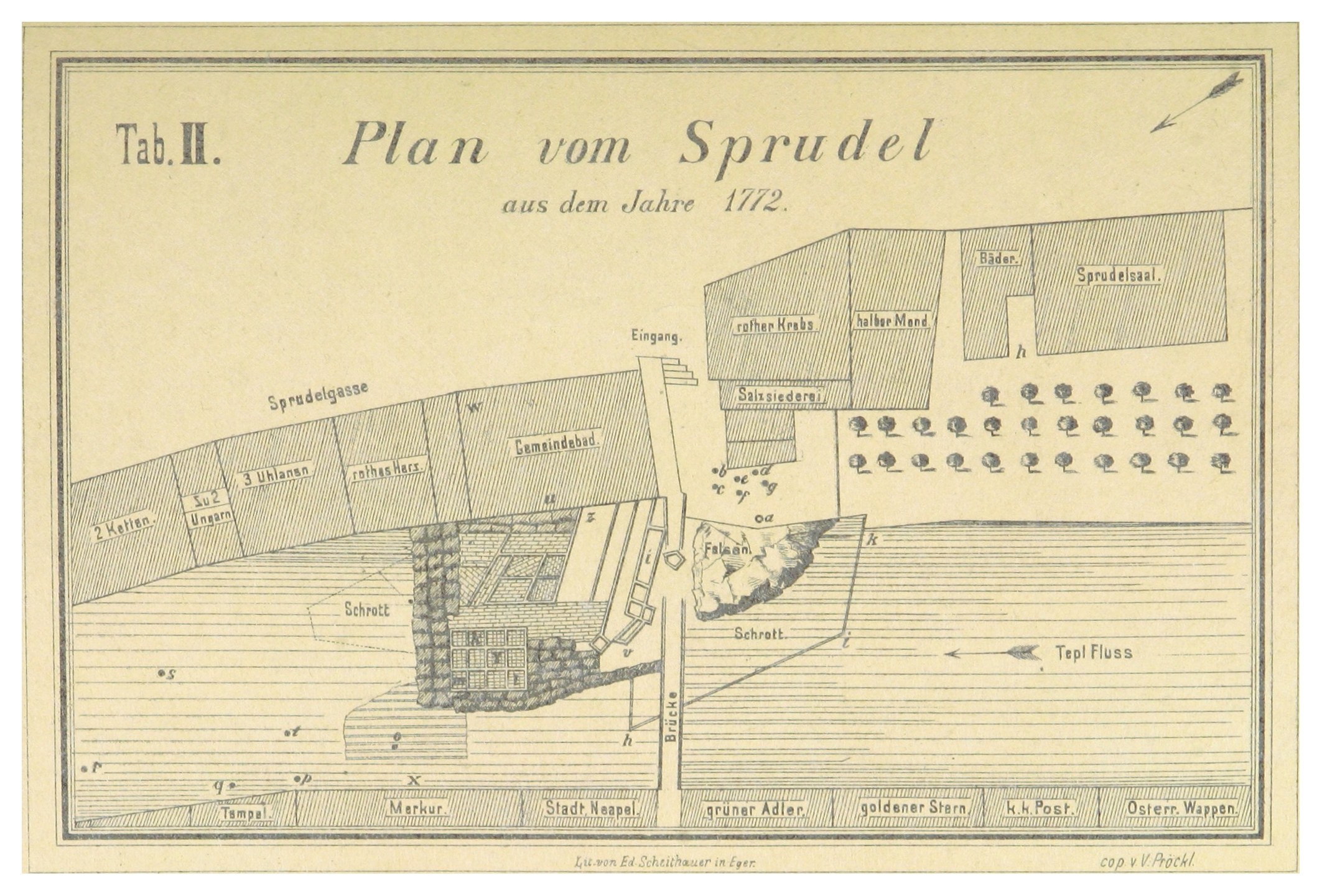 A poster featuring a map drawing of Spruidel, Germany, with accompanying text providing additional city details.