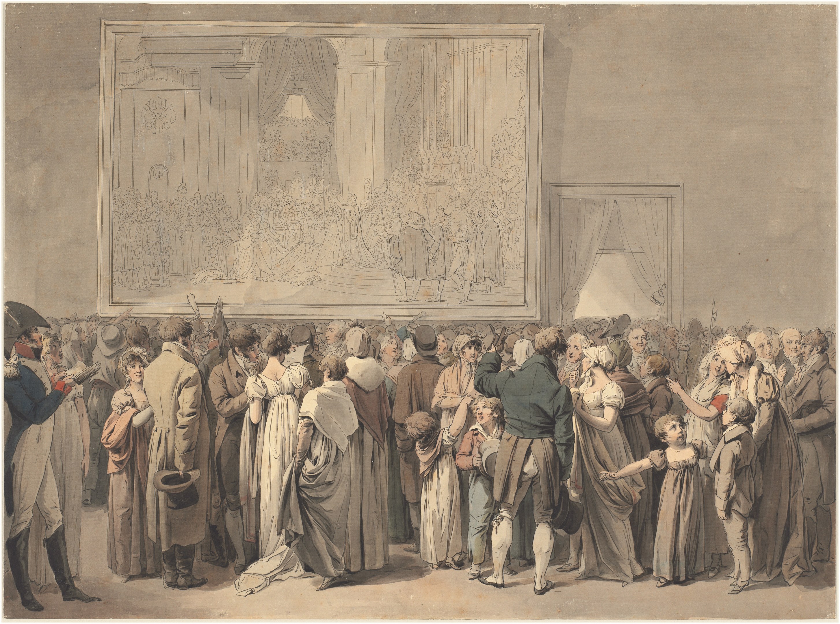 Painting depicting a crowd in front of a stage with a photo frame on the wall and curtains, titled "The Marriage of Thomas Rowlandson" at the bottom.