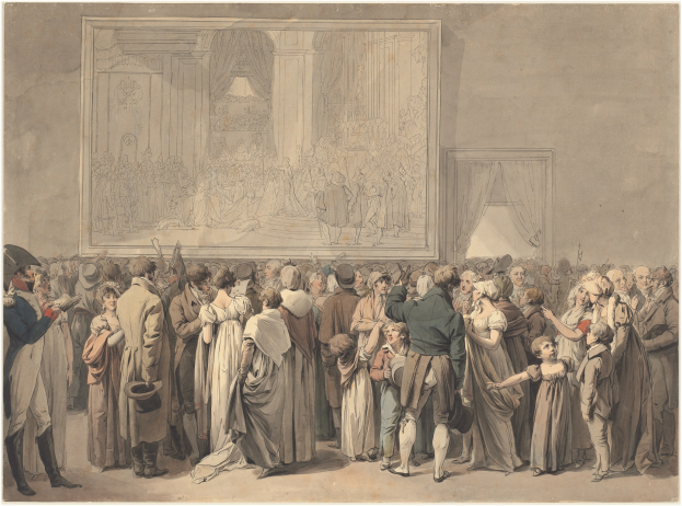 Painting depicting a crowd in front of a stage with a photo frame on the wall and curtains, titled "The Marriage of Thomas Rowlandson" at the bottom.