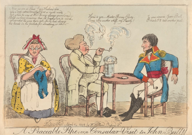 Eine Frau sitzt in einem Stuhl, während ein Mann neben ihr steht während eines Konsularbesuchs bei John Bull, mit einem Topf und einem Glas auf dem Tisch und Text auf dem Papier darunter.