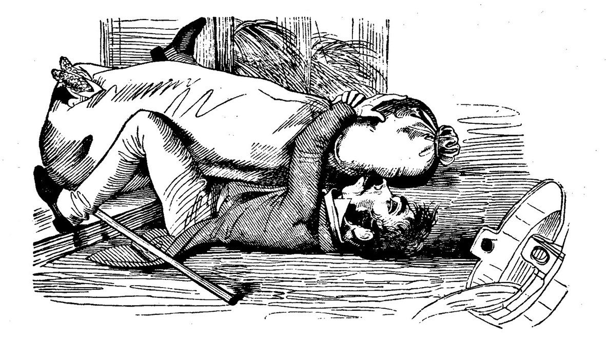 Schwarze und weiße Zeichnung eines Mannes, der auf dem Rücken liegt und seinen Kopf auf der Brust einer Frau hat, wobei beide besorgt wirken.