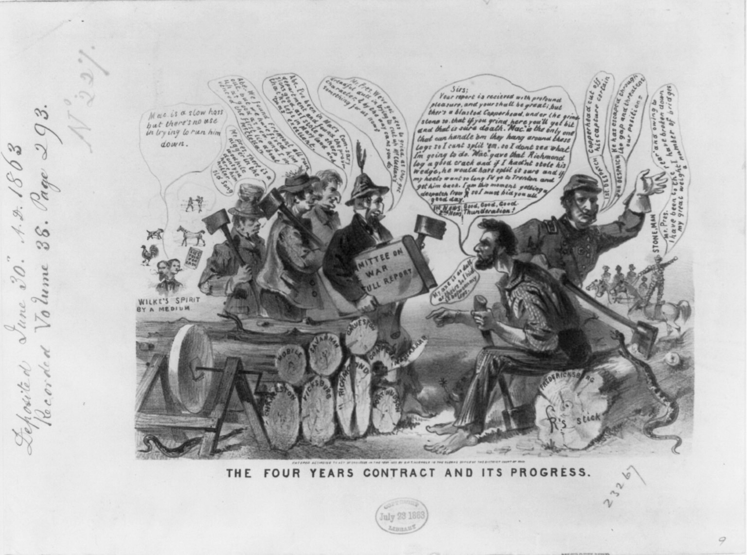 Ein Blatt mit einer Karikatur mit der überschrift "The Four Years Contract and Its Progress".