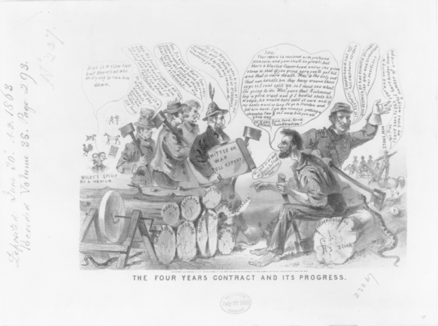 Ein Blatt mit einer Karikatur mit der überschrift "The Four Years Contract and Its Progress".