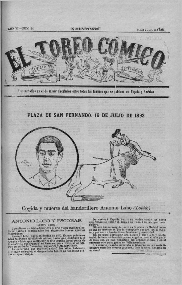 Schwarz-weiß-Zeitungsillustration mit der Überschrift "El Torreo Comico", die einen formell gekleideten Mann in Anzug und Krawatte und eine Frau in Schürze und Kleid zeigt, beide mit ernsten Gesichtern.