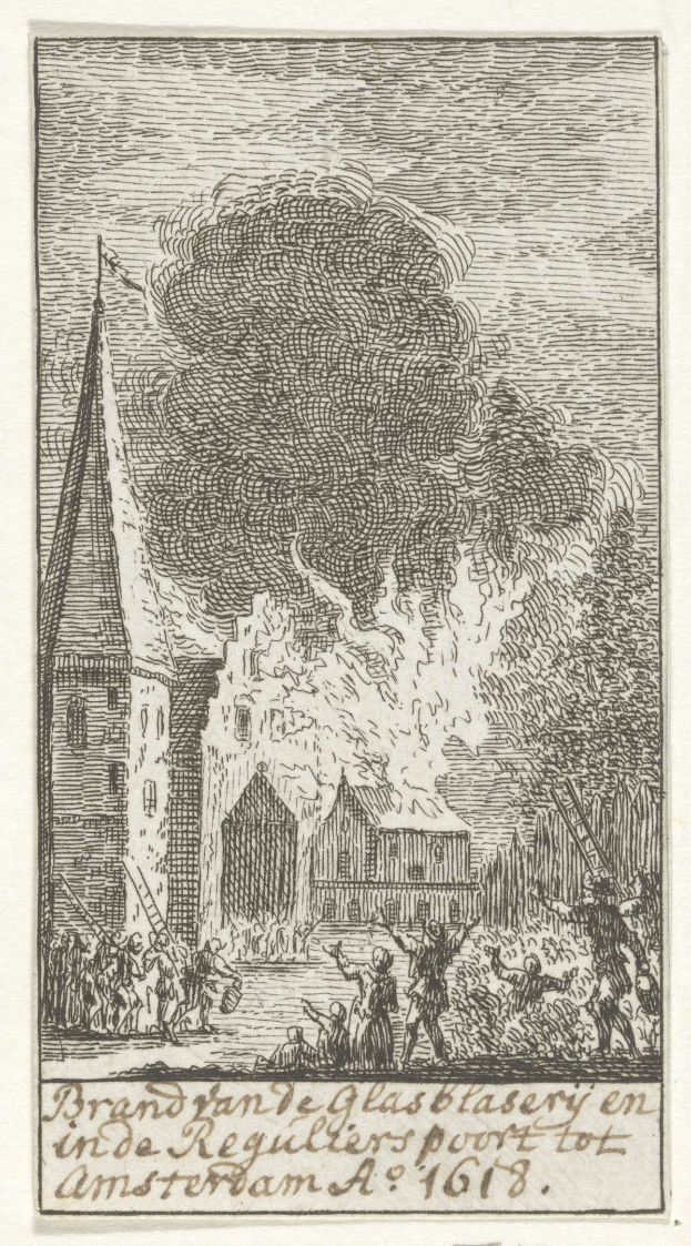 Black and white drawing of a burning building with a few people standing in front, and text at the bottom reading "brand van de glasblasery en de reguliersport tot amsterdam a 1618".