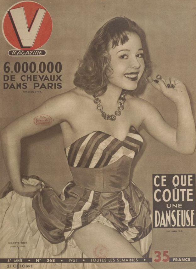 A woman in a light, high-necked dress with long sleeves and a 1950s hairstyle poses on a magazine cover, her face visible with direct eye contact and slightly parted lips, surrounded by text and a logo.