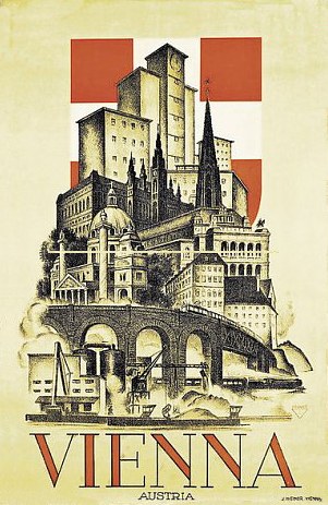 Ein Plakat von Wien, Österreich, mit einigen Gebäuden, einer Brücke und Text, der die Stadt und ihre Attraktionen beschreibt.