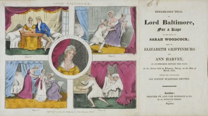 Illustration eines historischen Prozessdokuments mit Porträts, Vorhängen und Text in Bezug auf den Fall von Lord Baltimore.