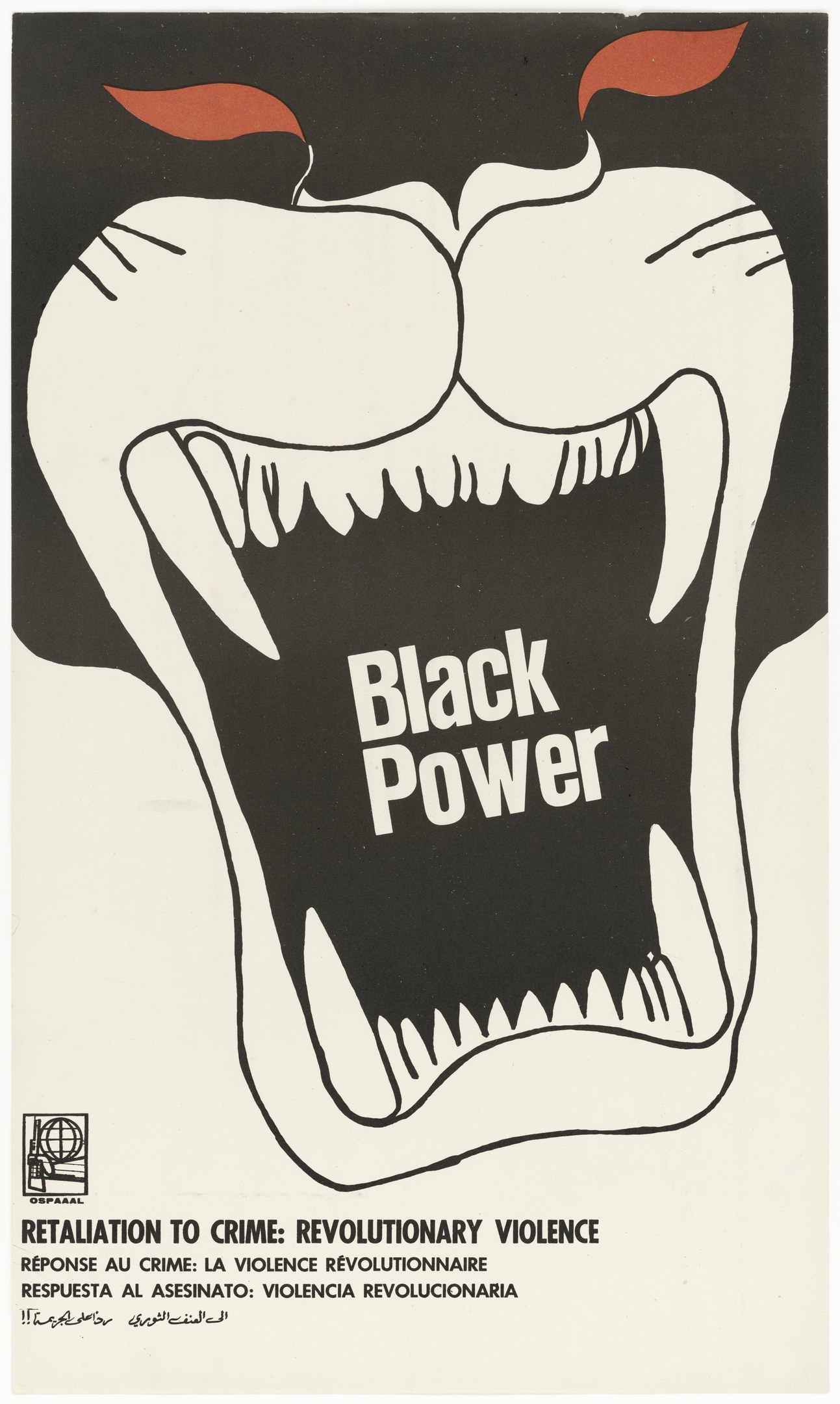 Schwarzes Kreislogo mit weißer 'P'-Umrandung und fetter schwarzer Schrift, die 'Rache für Verbrechen, revolutionäre Gewalt' auf einem Plakat zur Unterstützung der Rassengerechtigkeit aufruft.
