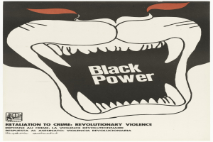 Schwarzes Kreislogo mit weißer 'P'-Umrandung und fetter schwarzer Schrift, die 'Rache für Verbrechen, revolutionäre Gewalt' auf einem Plakat zur Unterstützung der Rassengerechtigkeit aufruft.