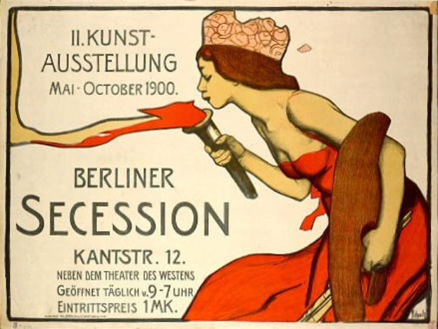 Plakat von der Berliner Secession 1900, das eine Frau in rotem Kleid zeigt, die ein Objekt hält, mit Text zu den Veranstaltungsdetails.