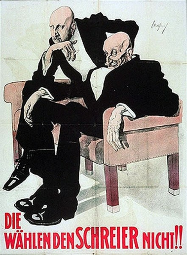 German propaganda poster for the Nazi Party featuring two men sitting on a couch with text.
