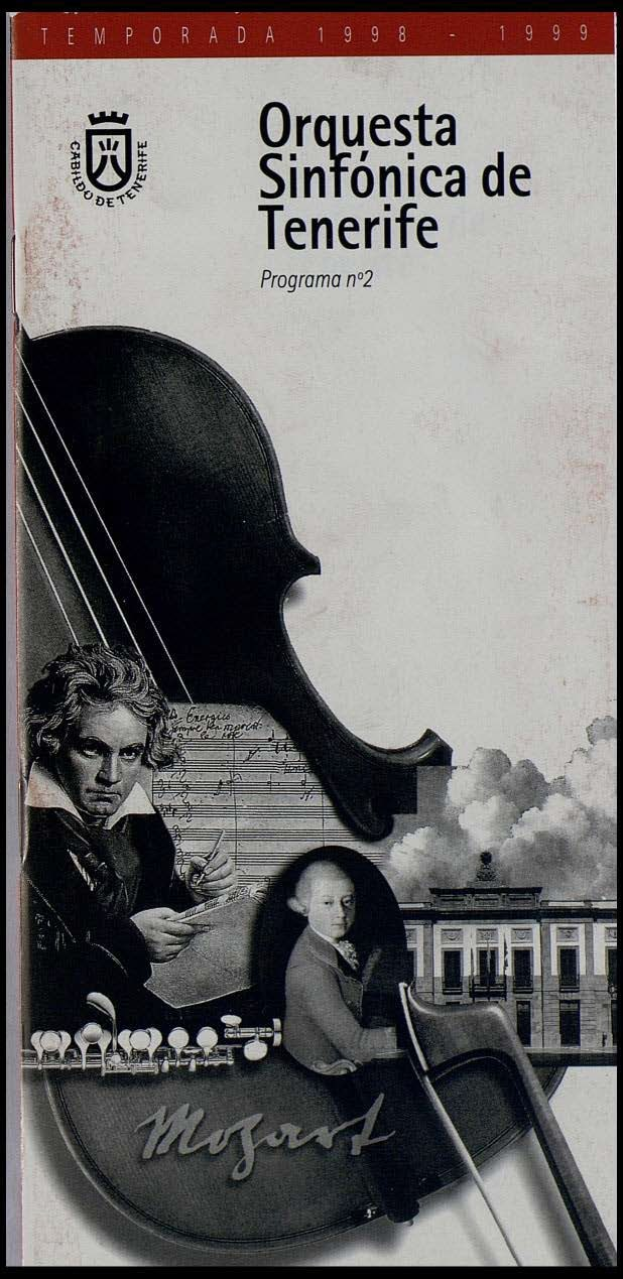 Plakat für das zweite Programm der Sinfonieorchester Teneriffa, das Mozarts Symphonie Nr. 2 in D-Moll, Op. 63, mit zwei Geigern im Vordergrund und einem Gebäude im Hintergrund zeigt.