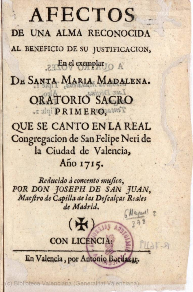 Altes spanisches Dokument mit dem Titel "Afectos de una Alma Reconocida" mit einem Stempel, das den Tod von Santa Maria Madalena beschreibt.