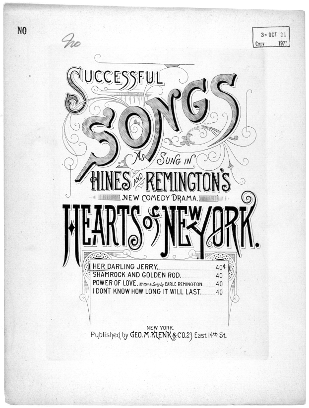 Schwarzes und weißes Plakat mit dem Text "Erfolgreiche Lieder, wie von Hines und Remington in ihren Herzen von New York gesungen."