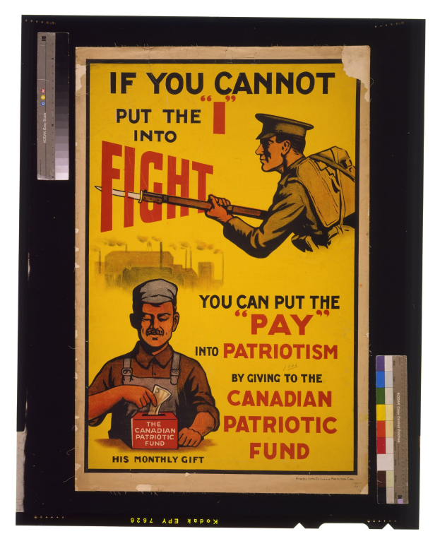 Plakat mit zwei Personen, einer davon hält eine Waffe, mit Text zur Förderung von Spenden an den Canadian Patriotic Fund.