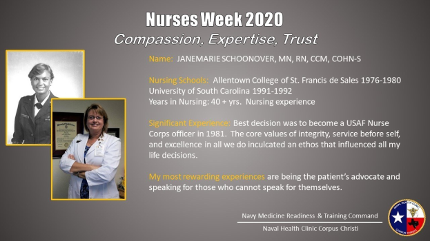Plakat zur Nurses Week 2020 mit zwei Fotos von Schwestern links und dem Text "Mitgefühl, Expertise, Vertrauen" rechts sowie einem Logo unten.