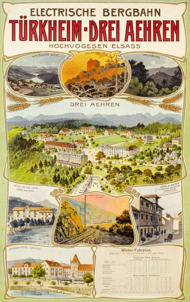 Plakat, das Bergbahn, Deutschland als elektrisches Stadt mit Bildern von Gebäuden, Bäumen, Hügeln und beschreibendem Text bewirbt.