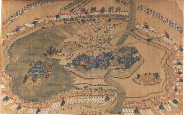 Luftaufnahme einer lebendigen Stadtkarte, die die Schlacht der Ardennen zeigt, mit detaillierten Gebäuden, Bäumen und Figuren, die mit Schwertern und Schilden kämpfen.
