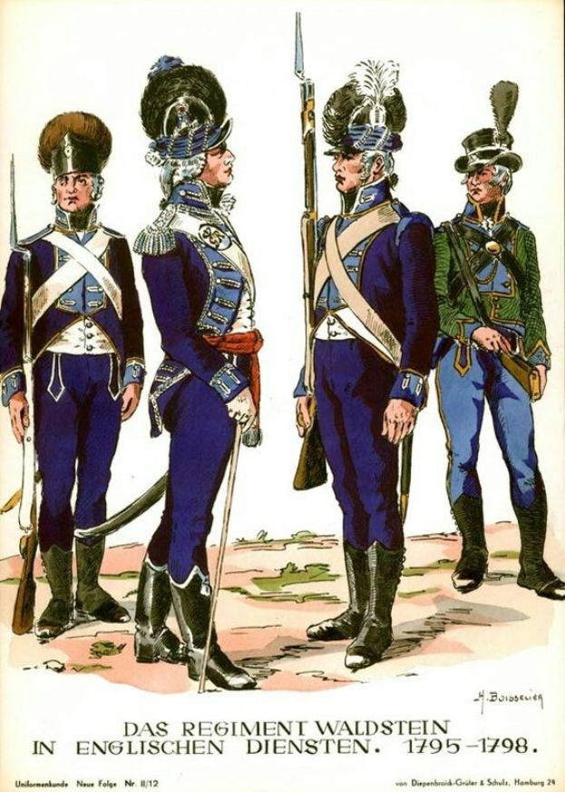 A group of uniformed men standing in a line, each holding a weapon, with the word "Waldstein" at the bottom.