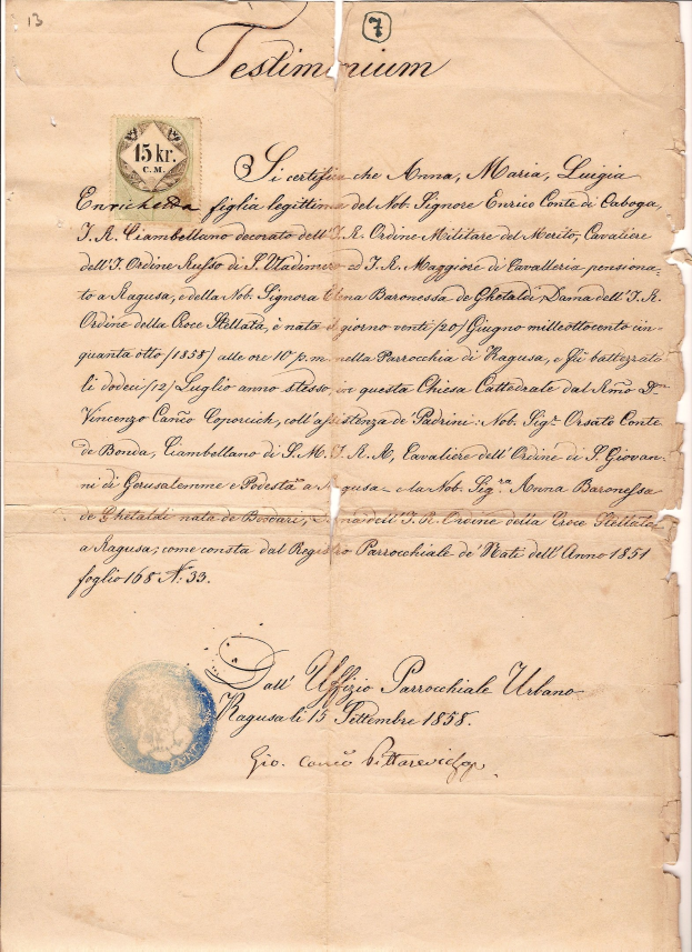 Alter Brief des italienischen Regierungs mit einem Stempel, an den Präsidenten von Italien adressiert, auf altem Papier.