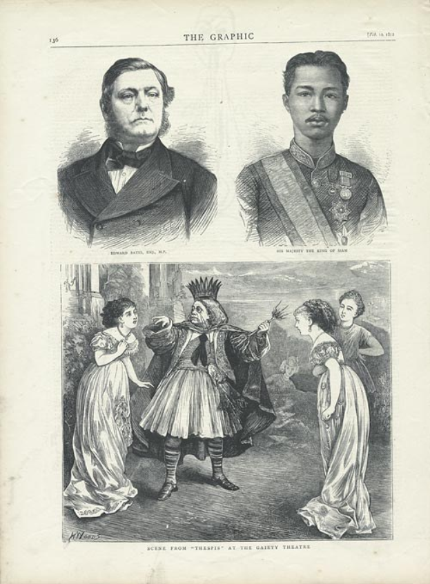 Eine Schwarz-Weiß-Illustration von zwei Schauspielern in Abendgarderobe - ein Mann in einem schwarzen Anzug mit weißem Hemd und Fliege und eine Frau in einem eleganten hochgeschlossenen Kleid - posiert mit ernsten Gesichtern.