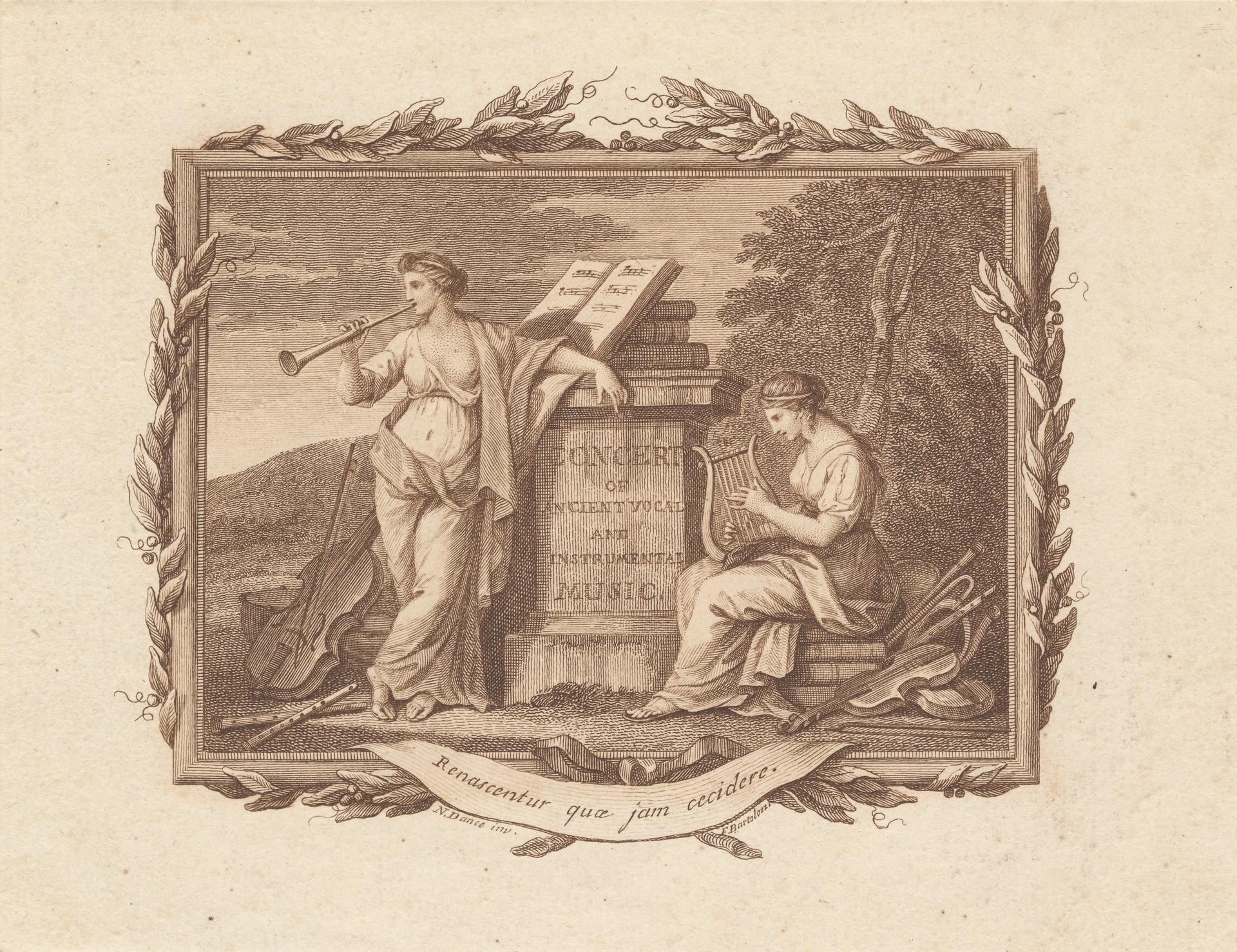 Gravur einer Frau, die eine Flöte spielt, und eines Mannes, der eine Harfe spielt, umgeben von Bäumen und Gegenständen, mit dem Text "Konzert für Alte Musik und Instrumentalmusik" unten.