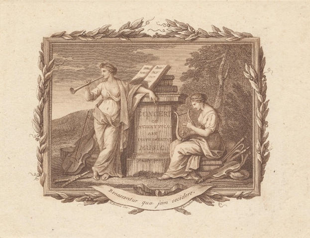 Gravur einer Frau, die eine Flöte spielt, und eines Mannes, der eine Harfe spielt, umgeben von Bäumen und Gegenständen, mit dem Text "Konzert für Alte Musik und Instrumentalmusik" unten.