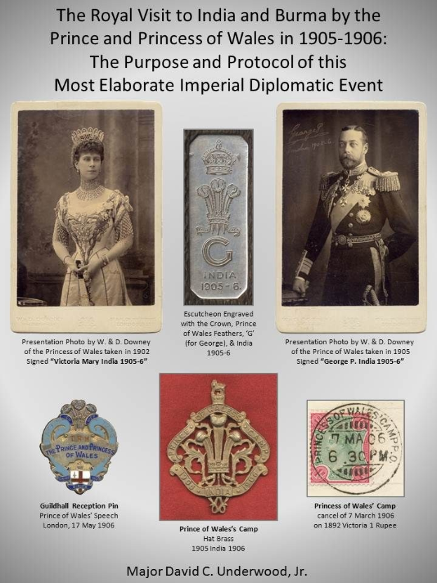 Plakat aus dem königlichen Besuch in Indien und Burma 1905-1906 durch den Prinzen und die Prinzessin von Wales, das ihre Porträts, Logos und Text über den Zweck und das Protokoll des Ereignisses zeigt.