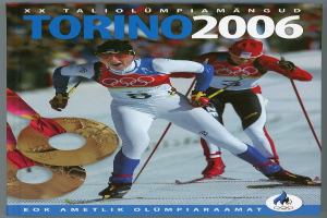 Plakat für die Olympischen Winterspiele 2006 in Turin, Italien, das zwei Skifahrer auf Schnee mit Ski-Stöcken und dem Text "Turin 2006" oben zeigt.