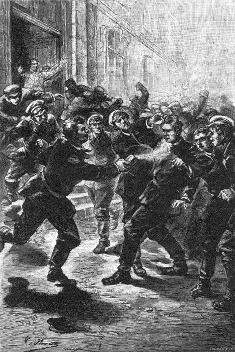 Schwarze und weiüre Illustration einer gewaltttigen Strassenkmpfe unter einer Gruppe von Männern, mit einem Gebäude im Hintergrund und Text, der unten 'Victorian riots in London, England' lautet.
