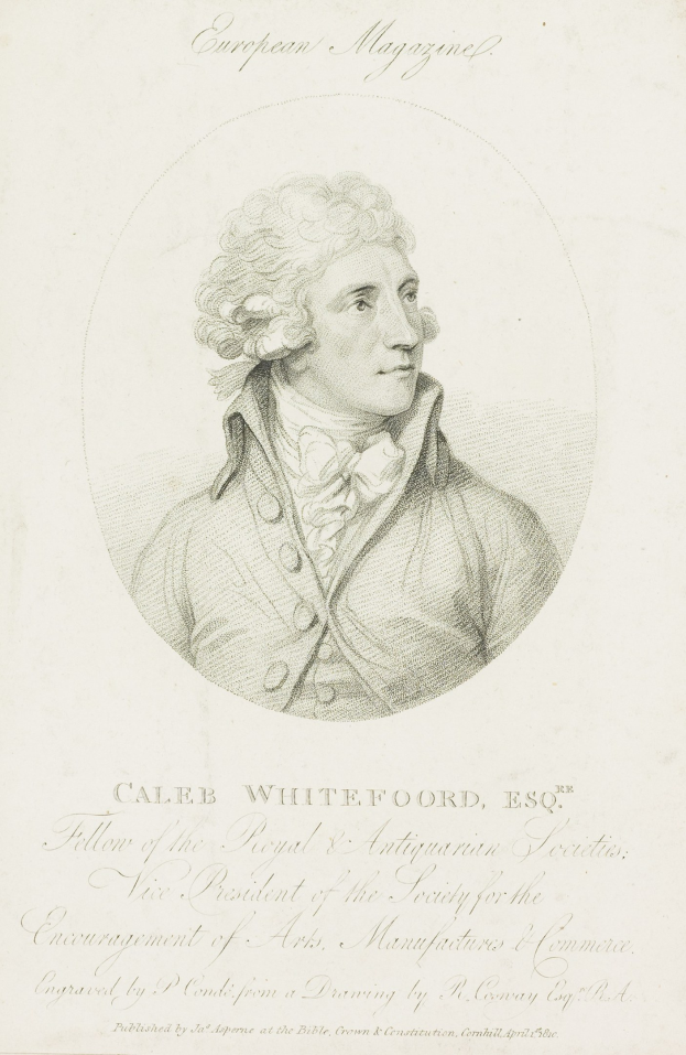 Porträt von Caleb Whiteford, Esq., Präsident der Society for the Encouragement of Arts, Manufacturers and Commerce, der einen Anzug trägt und ein ernstes Gesicht hat, während er ein Dokument hält.
