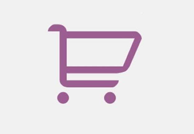 Violetter Einkaufswagen-Icon gefüllt mit Obst, Gemüse und Lebensmitteln auf einem weißen Hintergrund, der eine E-Commerce-Website darstellt.