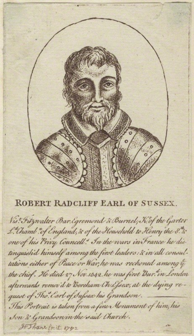 Porträt von Robert Radcliffe, Earl of Sussex, mit ernstem Gesichtsausdruck, verschränkten Händen, weißem Hemd und schwarzer Weste, dunklem Haar und konzentriertem Blick.