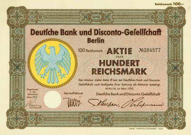 An old German banknote featuring a bird illustration and the text "Deutsche Bank und Disconto-Gefellichaft Berlin".