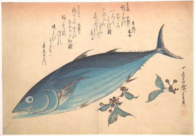Ein Holzschnitt eines Blaufischthuns mit japanischer Schrift, aus der Serie Fifty-Three Stations of the Tokaido von Utagawa Kunisada Toyokuni III/Kuniyoshi III.