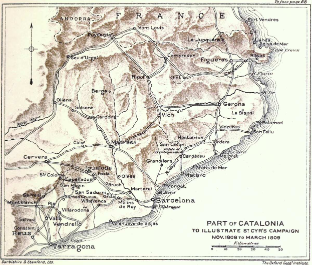 Eine detaillierte Karte von Katalonien, die den Weg des Spanischen Bürgerkriegs zeigt, mit Städten, Dörfern und geografischen Merkmalen beschriftet und von Text begleitet, der Informationen zum Krieg enthält, einschließlich Städtenamen und Schlachtterminen.