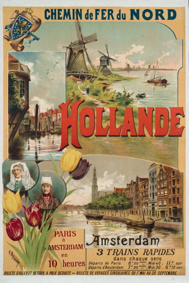 Plakat, das eine Zugstrecke von Amsterdam nach Amsterdam bewirbt, mit Bildern von Menschen, Blumen, Gebäuden, Windmühlen, Wasser, Booten, Bäumen und einer bewölkten Himmel, sowie Text.