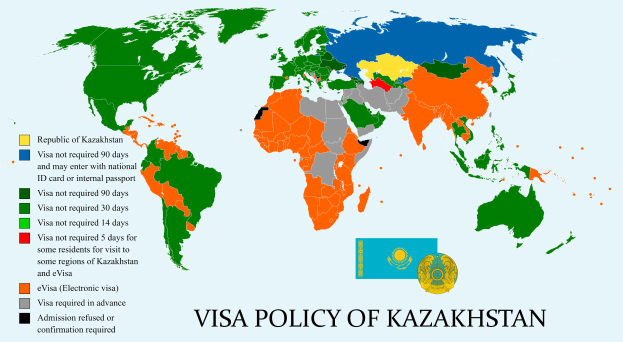 Weltkarte farbig gestaltet, um die Visapolitik von Kasachstan anzuzeigen, mit dem Text "Visapolitik von Kasachstan" unten.
