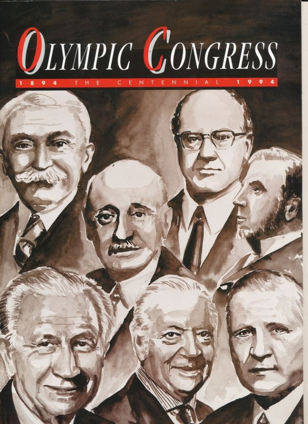 Plakat für den Olympischen Kongress 1994 mit einer Gruppe von Männern in Anzügen und Krawatten, das veranstaltungsbezogene Texte enthält.