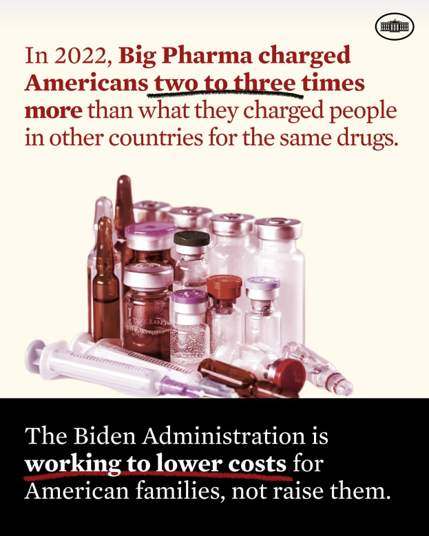 Plakat, auf dem steht, dass Big Pharma 2022 Amerikaner zwei bis drei Mal so viel für dieselben Medikamente berechnet hat wie andere Länder, mit Bildern von Medikamentenflaschen und einer Spritze.