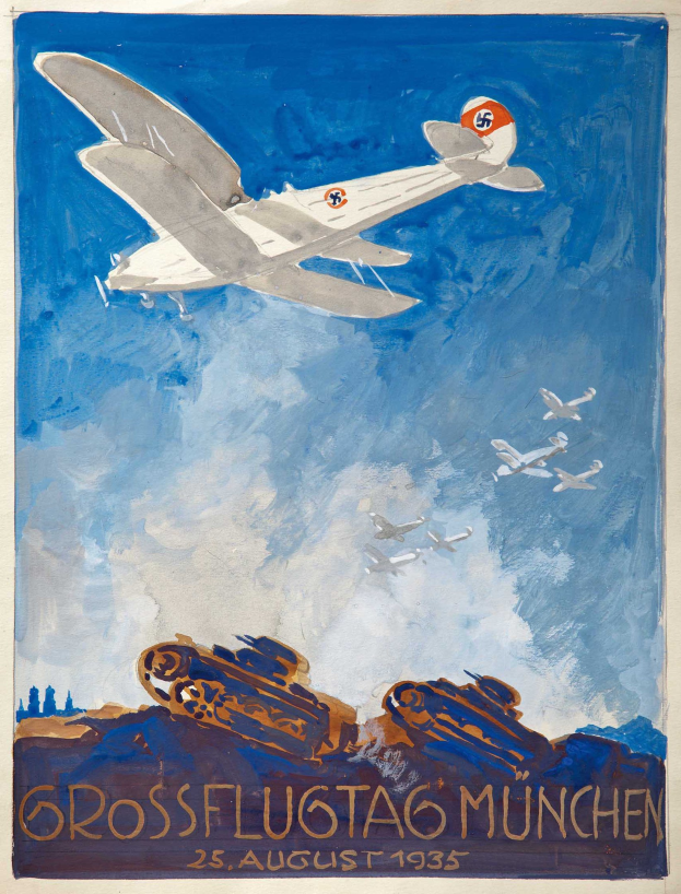 Plakat zur Ankündigung eines Luftfahrtfestes in München am 25. August 1935, das Flugzeuge am Himmel zeigt.