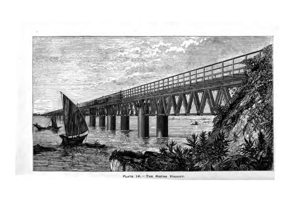 Schwarz-weißer Stahlstich einer Brücke über Wasser mit Booten im Vordergrund und Vegetation auf der rechten Seite, betitelt "Platte 14 - Die Kistina-Viadukt" unten.