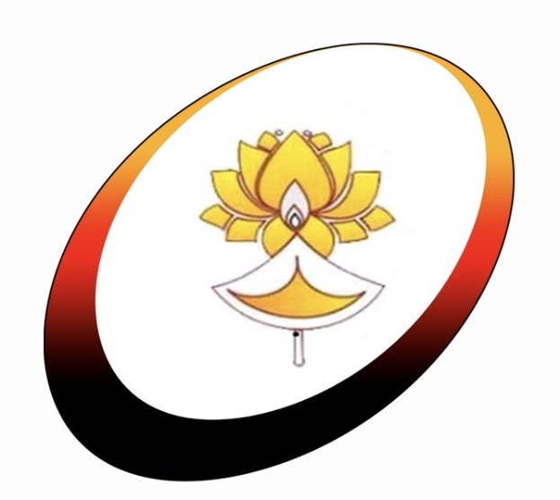 Eine gelbe Lotusblume in der Mitte eines roten und weißen Kreislogos auf einem weißen Hintergrund.