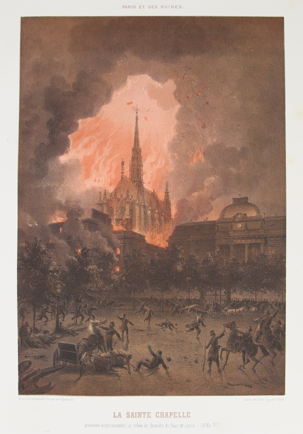 Plakat, das die Verbrennung von Saint-Chapelle in Paris zeigt, mit Chaos, Menschen, Pferden, Wagen, Bäumen, Gebäuden und Rauch, der in den Himmel aufsteigt, mit französischer Schrift am unteren Rand.
