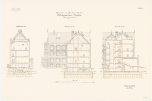 Architektonischer Planentwurf der Charles II-Schule in Berlin, der ein Geb├Ąude mit zahlreichen Fenstern und detaillierten Anmerkungen auf Papier zeigt.