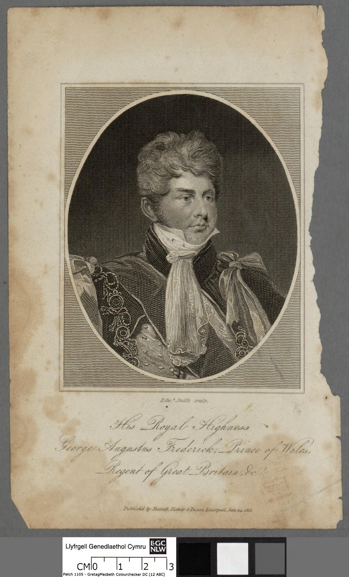 Portrait of George Augustus Frederick, Prince of Wales, in a black and white dress, with text at the bottom.