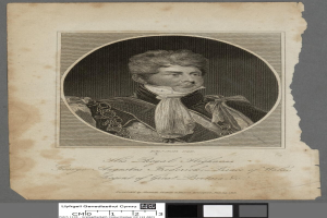 Portrait of George Augustus Frederick, Prince of Wales, in a black and white dress, with text at the bottom.