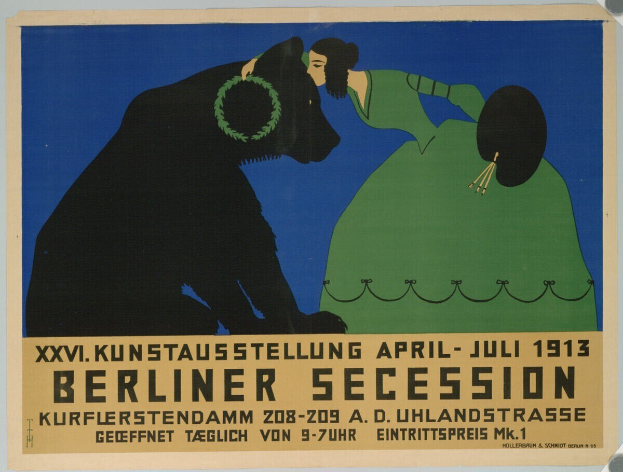 Poster for the Berliner Secession in 1913, depicting a woman and a dog with text providing event details.